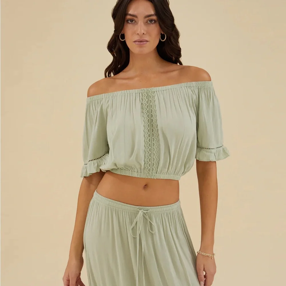 RACHEL PARCELL Bohemian Green Off-Shoulder Skirt Set medium and large - Picture 3 of 11